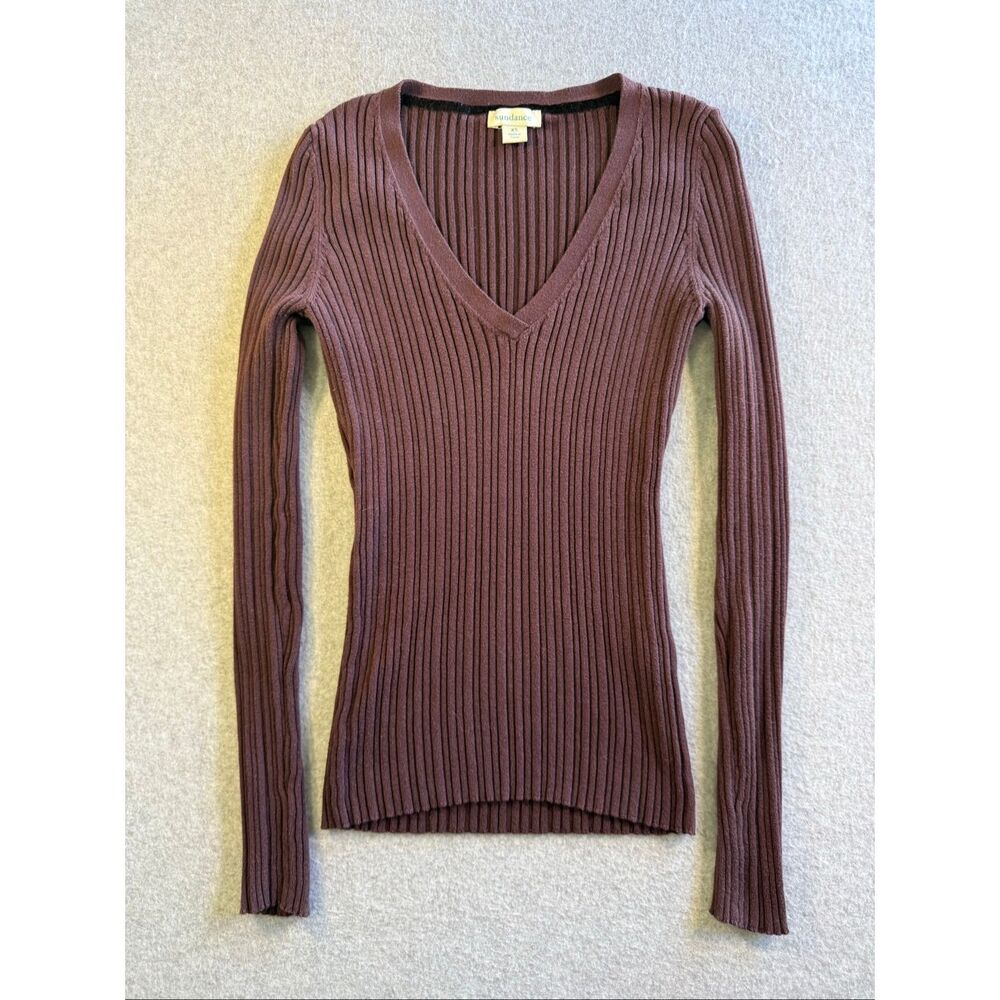 Sundance brown ribbed v neck sweater long sleeve top XS